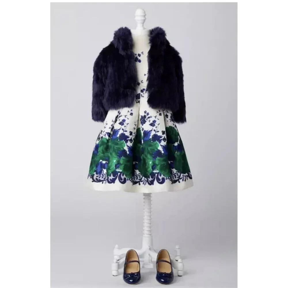 Janie & Jack Floral Dress Sz 3 Satin Ivory Blue & Green Formal Occasion Holiday